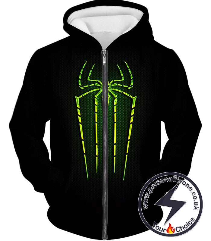 Cool Green Spiderman Logo Promo Black Zip Up Hoodie